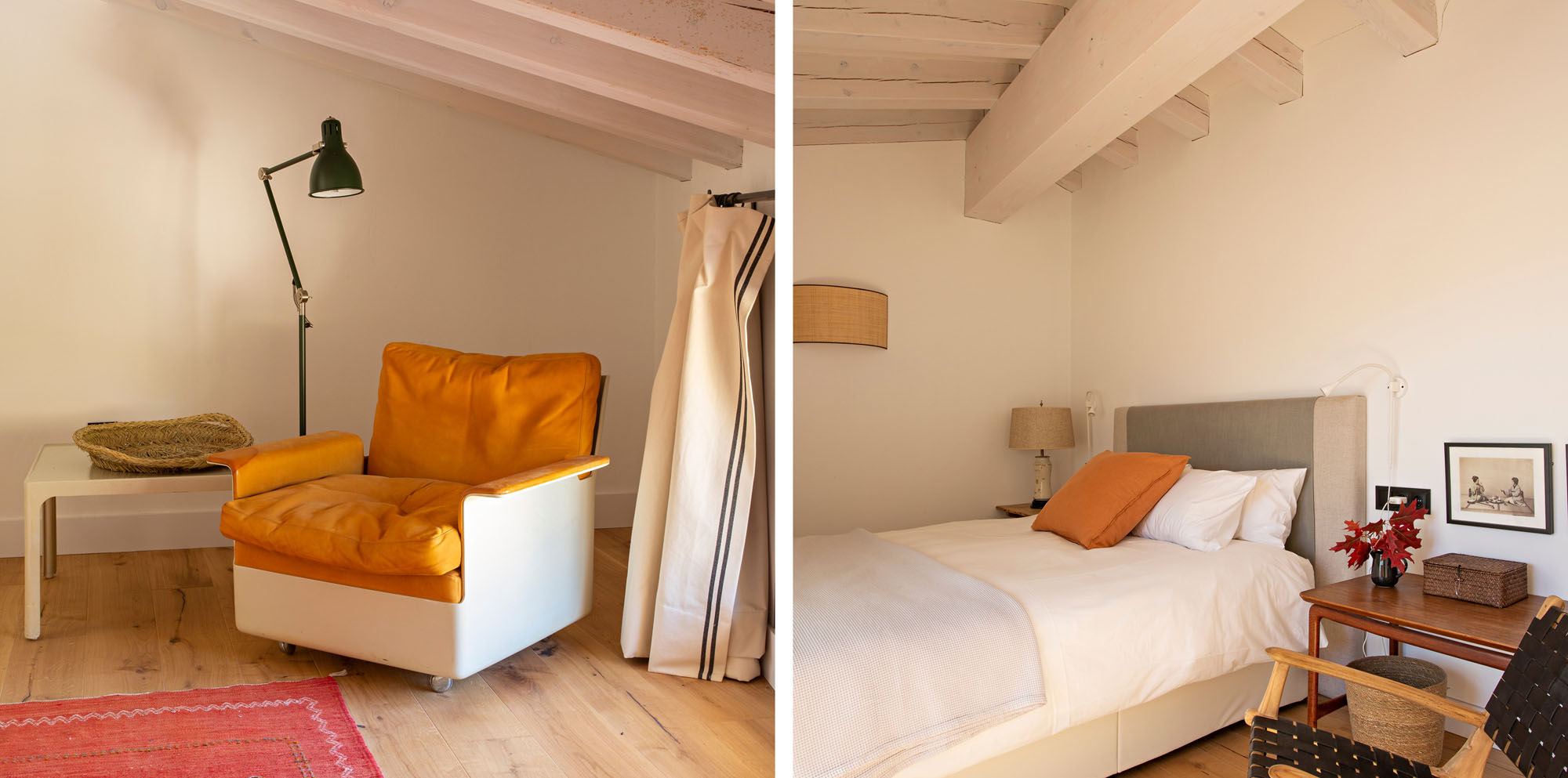 Las Albercas de Tenzuela, La Alberca, Dormitorio cama doble, mesilla de noche, muebles de diseño, sillón de Dieter Rams