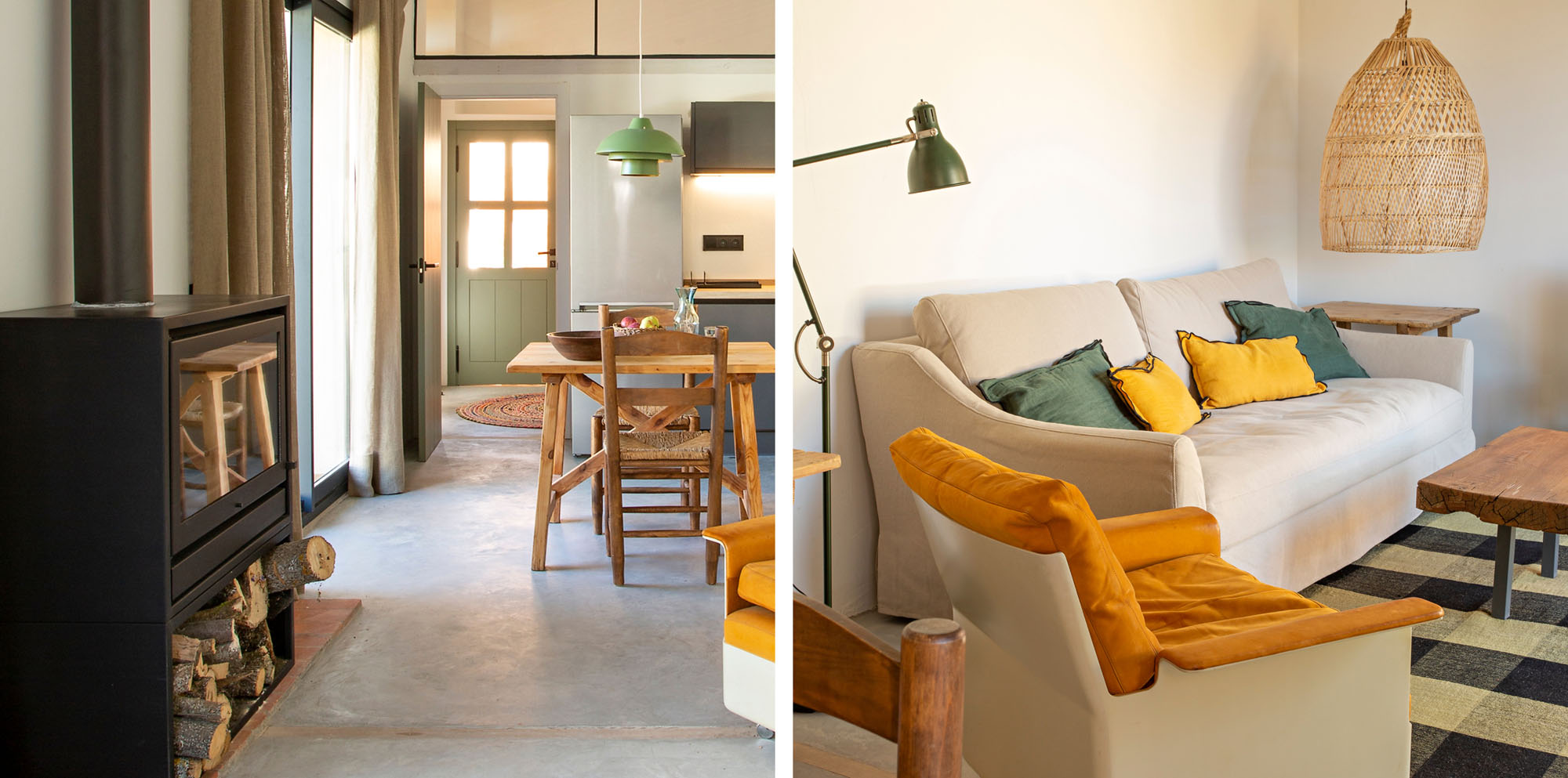 Las Albercas de Tenzuela, Alberca Chica, Salon diseño bungalow con chimenea, cocina abierta y muebles de diseño