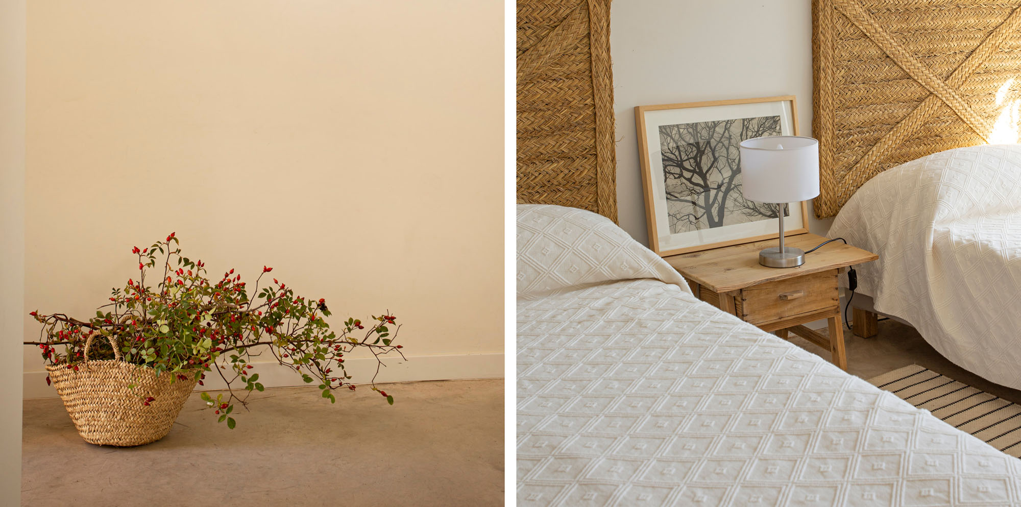 Las Albercas de Tenzuela, El Balcon, Detalle de cesta de mimbre con flores locales de la región de Segovia, dormitorio con dos camas individuales